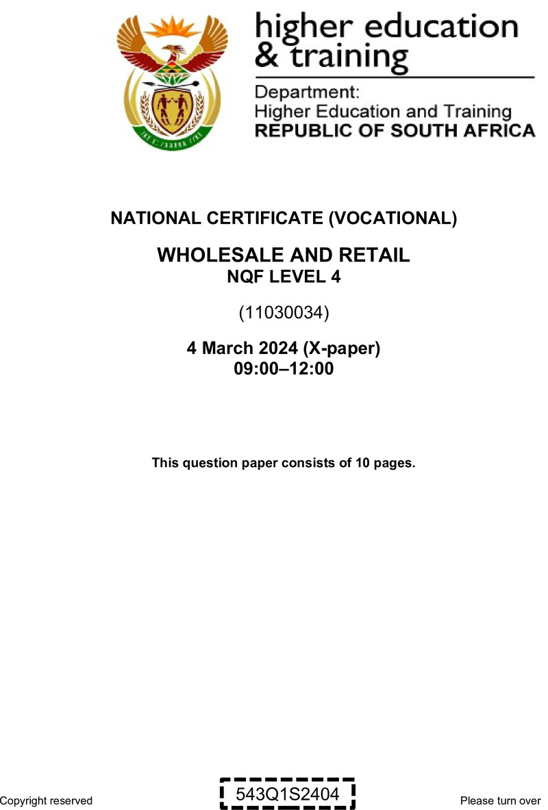 Wholesale and Retail Level 4 DHET NCV March 2024 Paper X - Question Paper