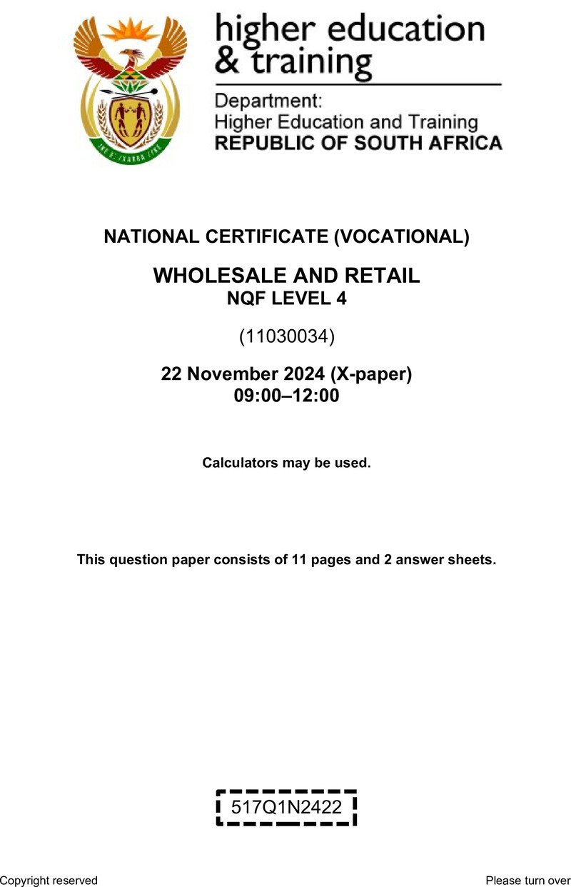 Wholesale and Retail Level 4 DHET NCV November 2024 Paper X - Question Paper