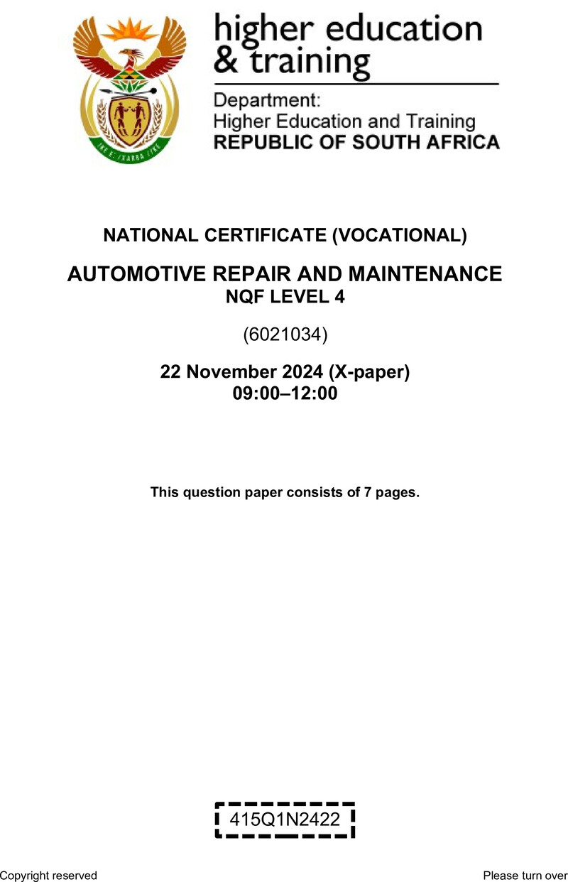 Automotive Repair and Maintenance Level 4 DHET NCV November 2024 Paper X - Question Paper
