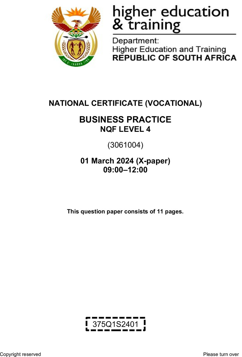 Business Practice Level 4 DHET NCV March 2024 Paper X - Question Paper
