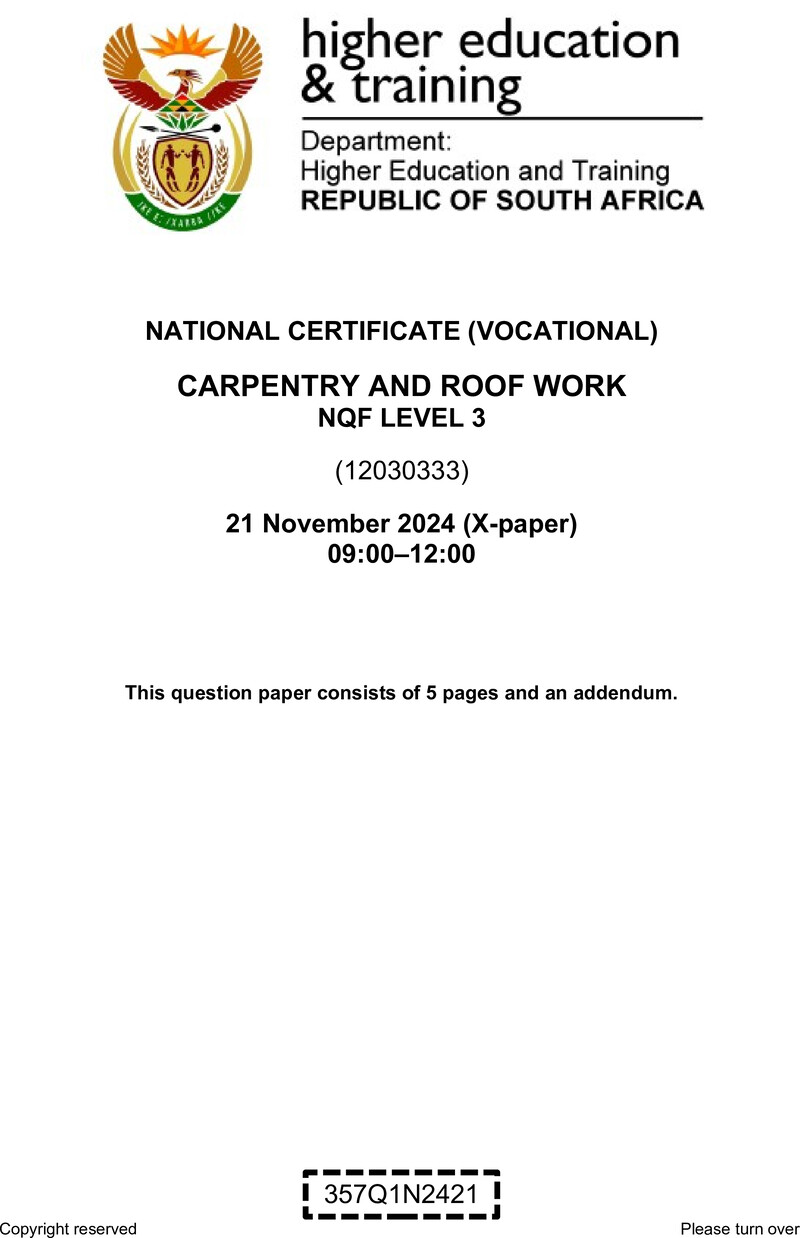 Carpentry and Roofwork Level 3 DHET NCV November 2024 Paper X - Question Paper