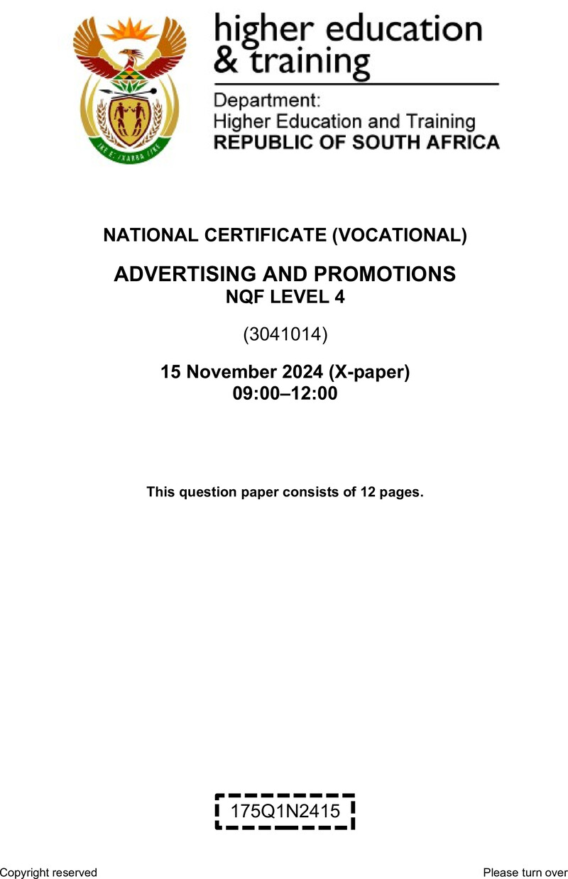 Advertising and Promotions Level 4 DHET NCV November 2024 Paper X - Question Paper