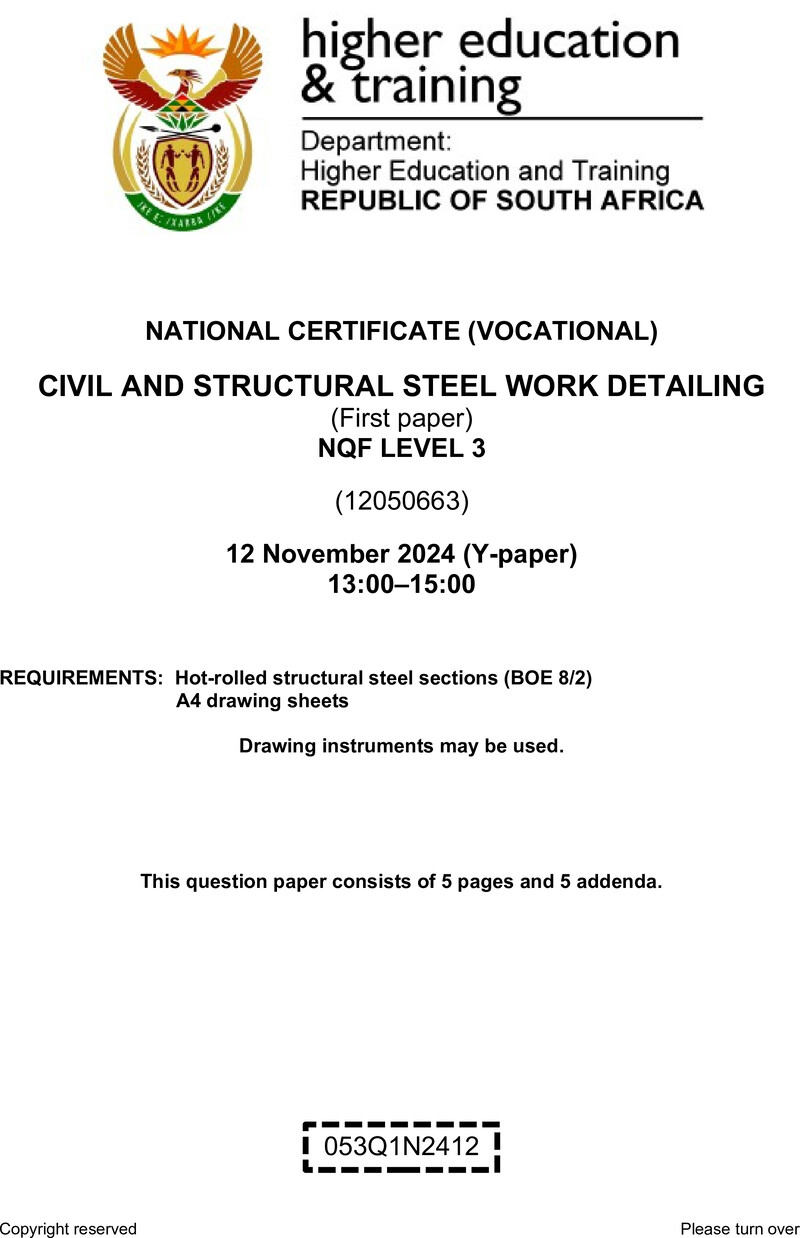 Civil and Structural Steelwork Detailing Level 3 DHET NCV November 2024 Paper Y - Question Paper