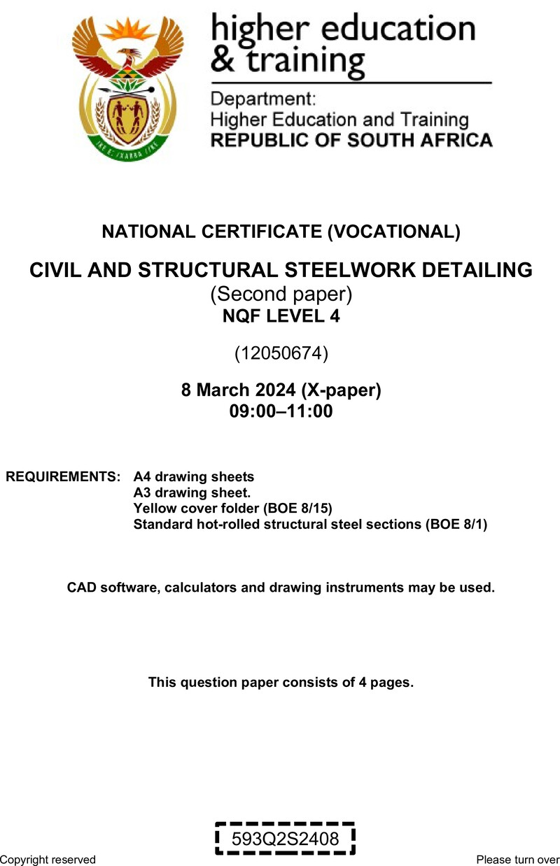 Civil and Structural Steelwork Detailing Level 4 DHET NCV March 2024 Paper X - Question Paper