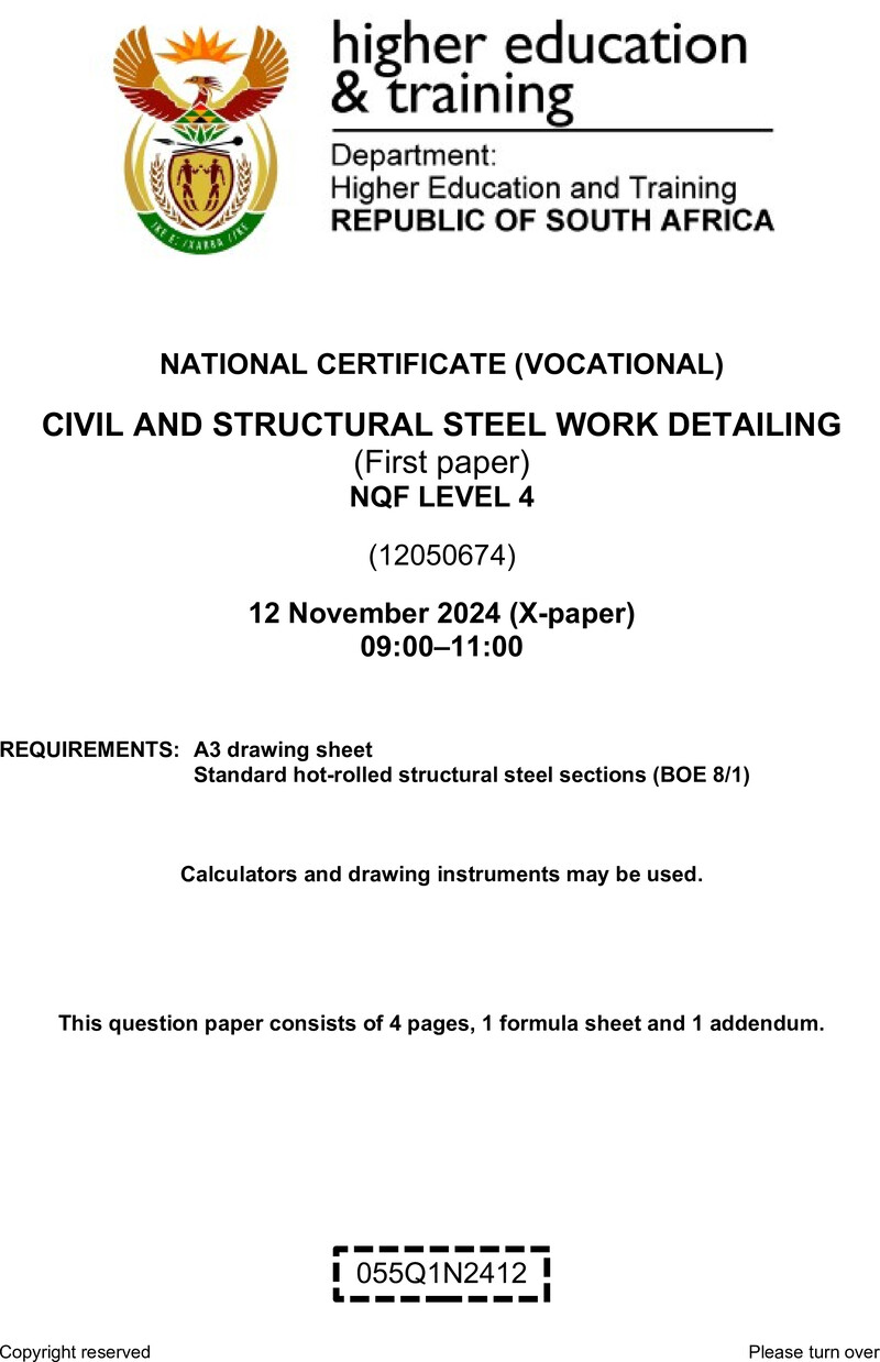 Civil and Structural Steelwork Detailing Level 4 DHET NCV November 2024 Paper X - Question Paper