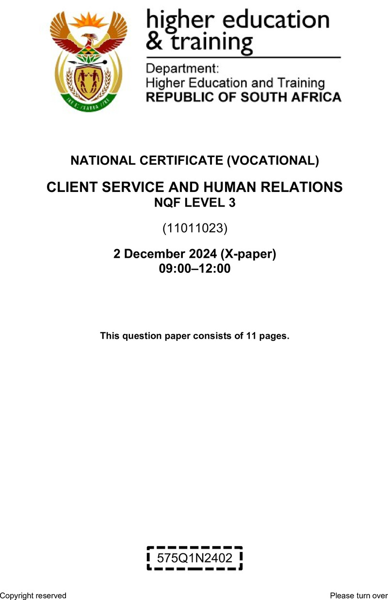 Client Services and Human Relations Level 3 DHET NCV December 2024 Paper X - Question Paper