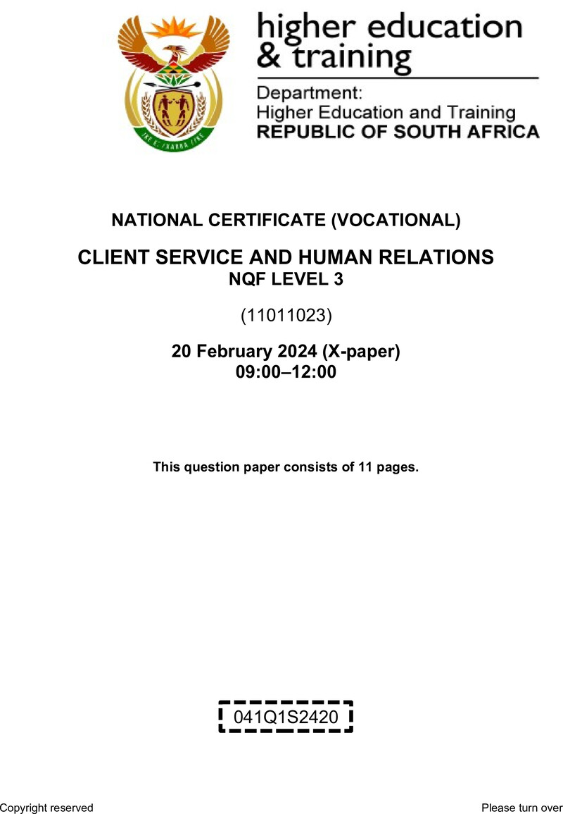 Client Services and Human Relations Level 3 DHET NCV February 2024 Paper X - Question Paper