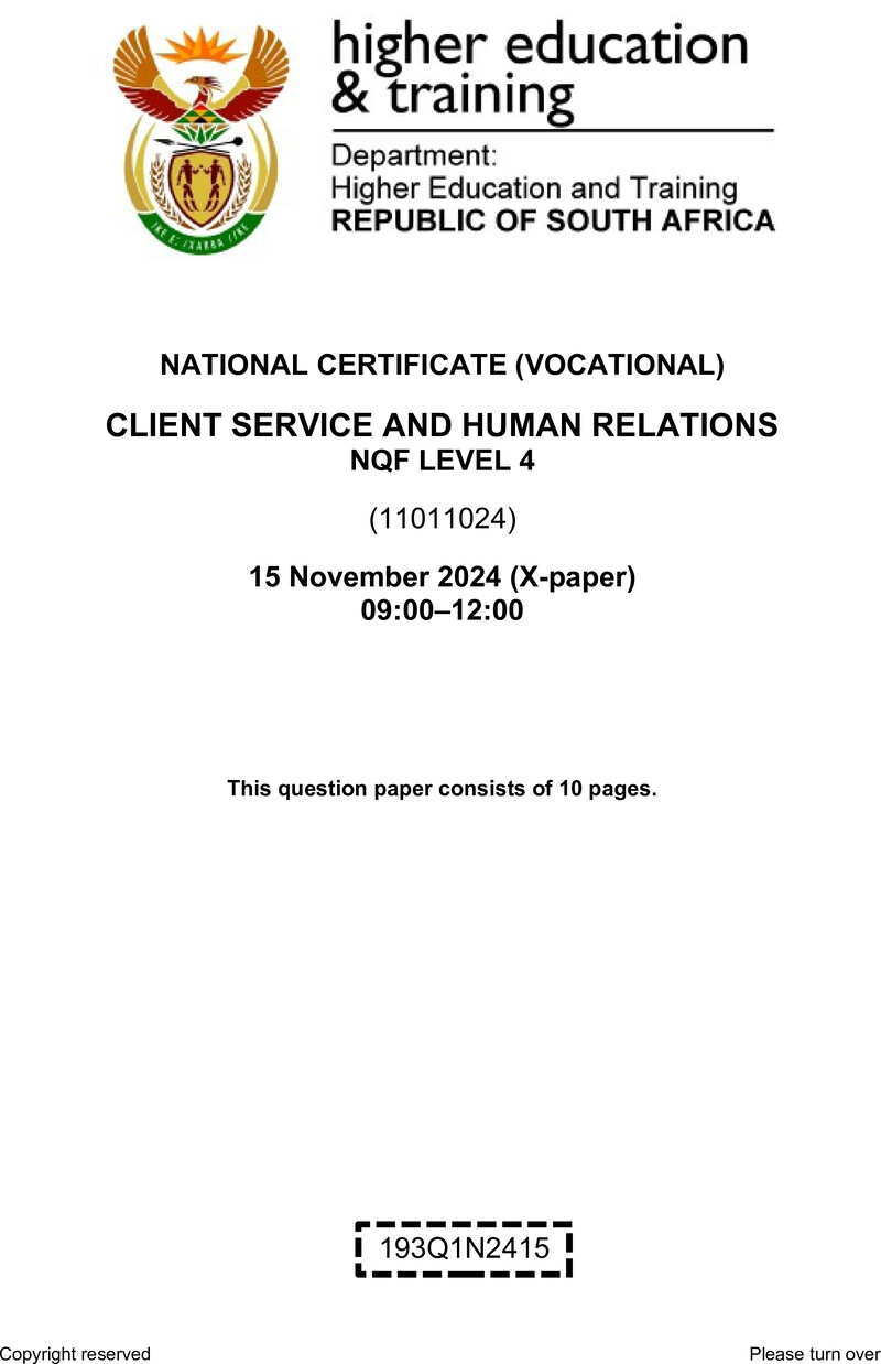 Client Services and Human Relations Level 4 DHET NCV November 2024 Paper X - Question Paper