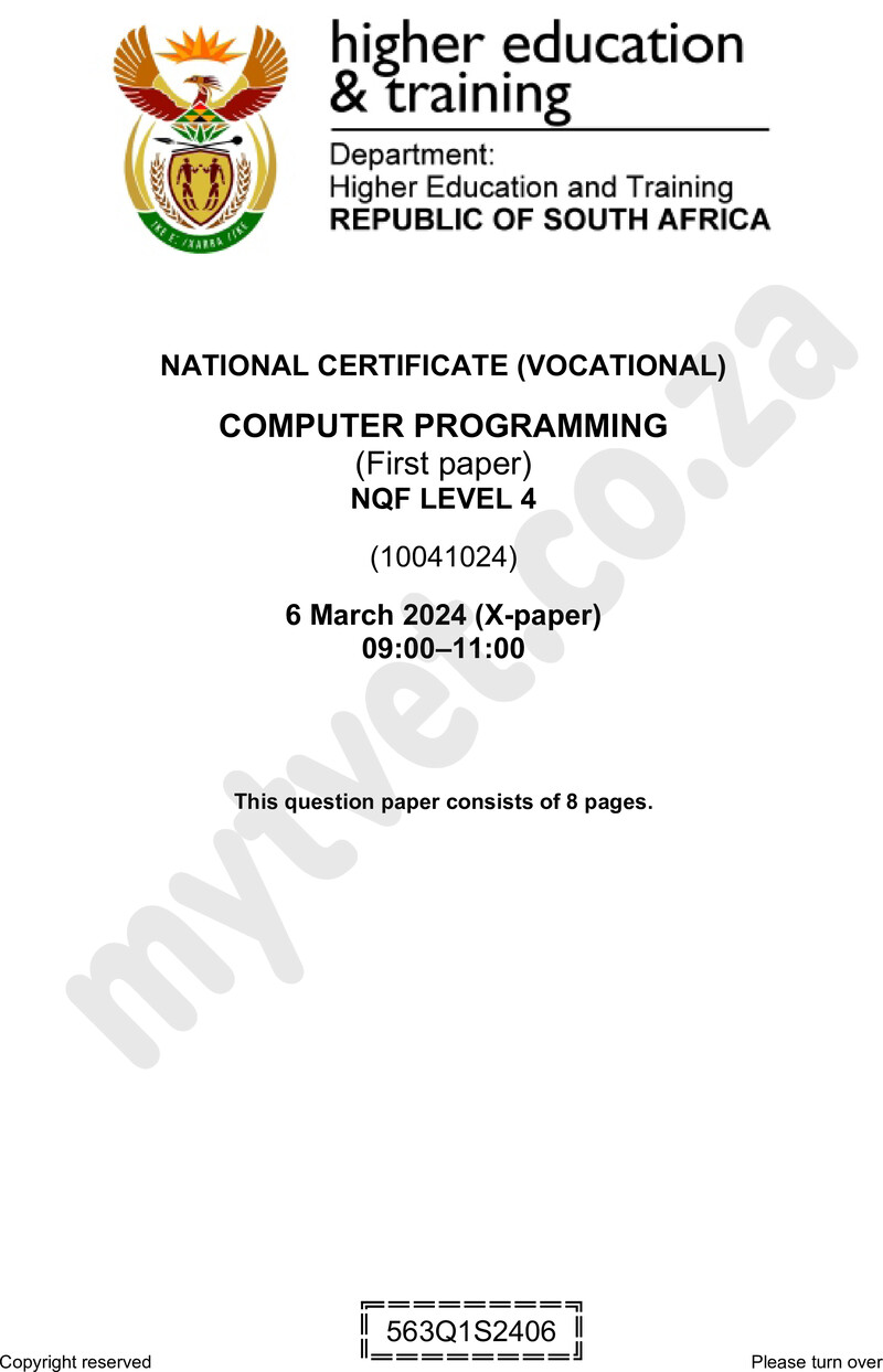 Computer Programming Level 4 DHET NCV March 2024 Paper X - Question Paper