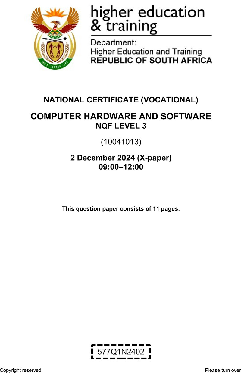 Computer Hardware and Software Level 3 DHET NCV December 2024 Paper X - Question Paper