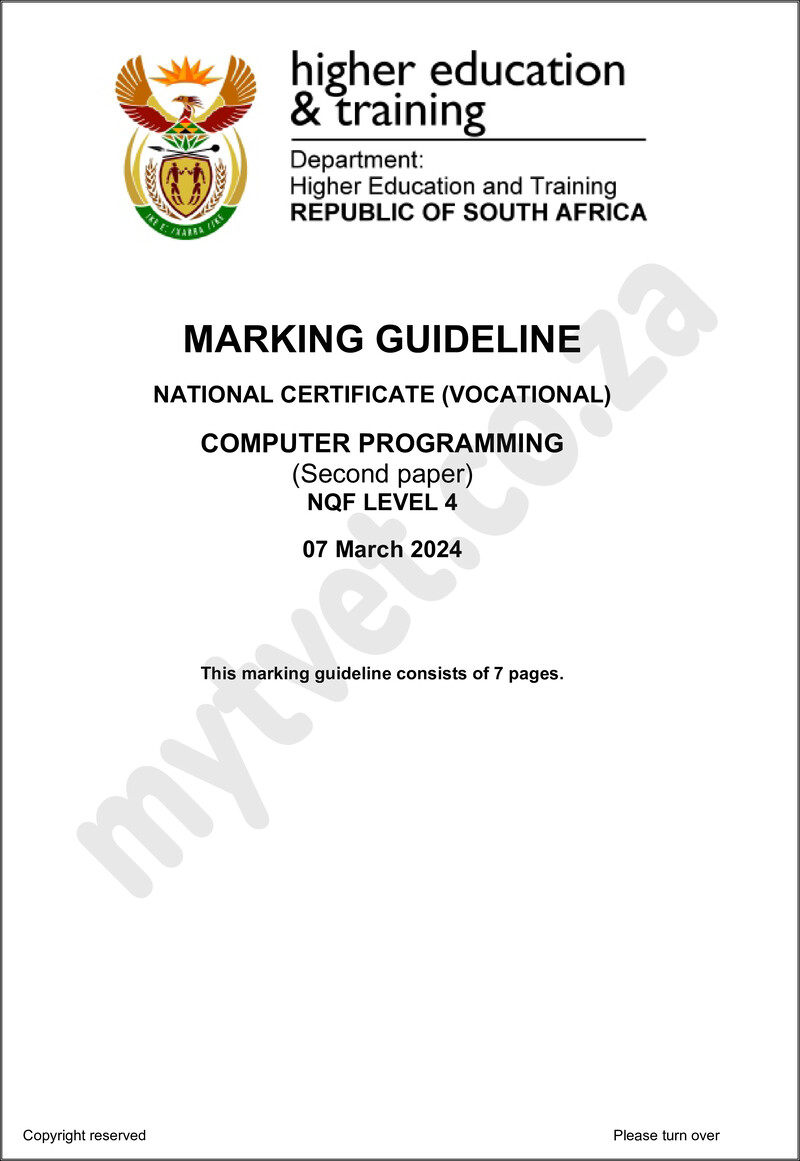 Computer Programming Level 4 DHET NCV March 2024 - Memo
