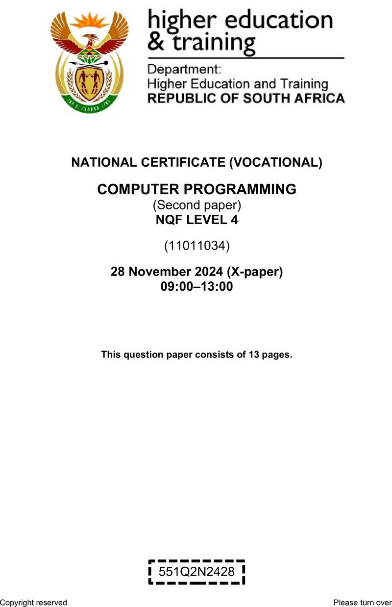 Computer Programming Level 4 DHET NCV November 2024 Paper X - Question Paper