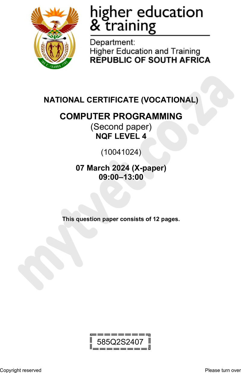 Computer Programming Level 4 DHET NCV March 2024 Paper X - Question Paper