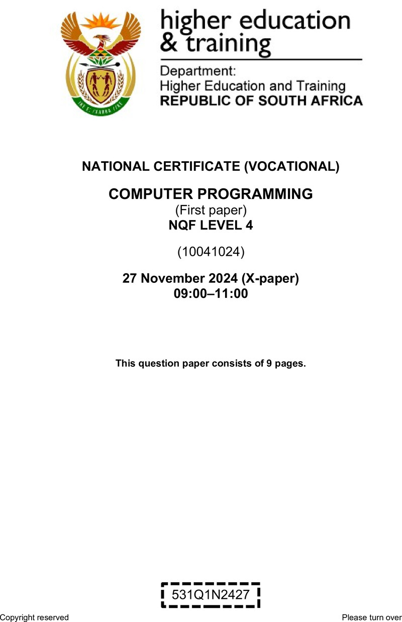 Computer Programming Level 4 DHET NCV November 2024 Paper X - Question Paper