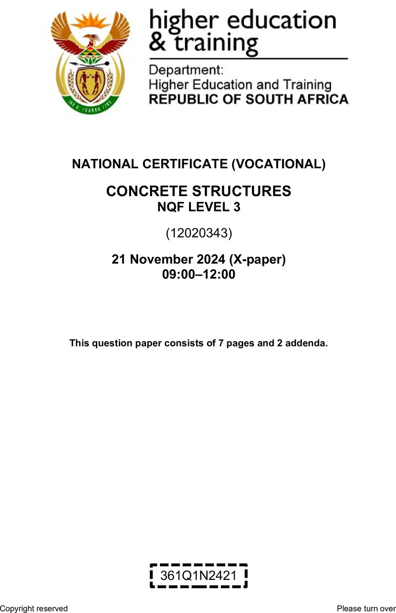 Concrete Structures Level 3 DHET NCV November 2024 Paper X - Question Paper