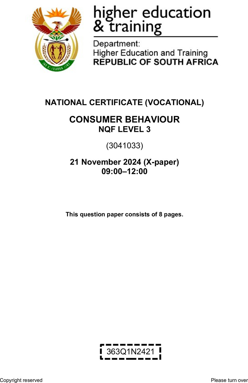 Consumer Behaviour Level 3 DHET NCV November 2024 Paper X - Question Paper