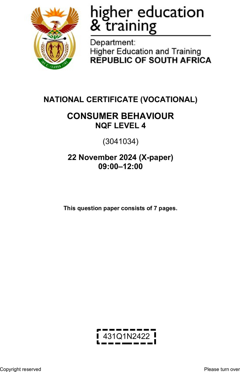 Consumer Behaviour Level 4 DHET NCV November 2024 Paper X - Question Paper