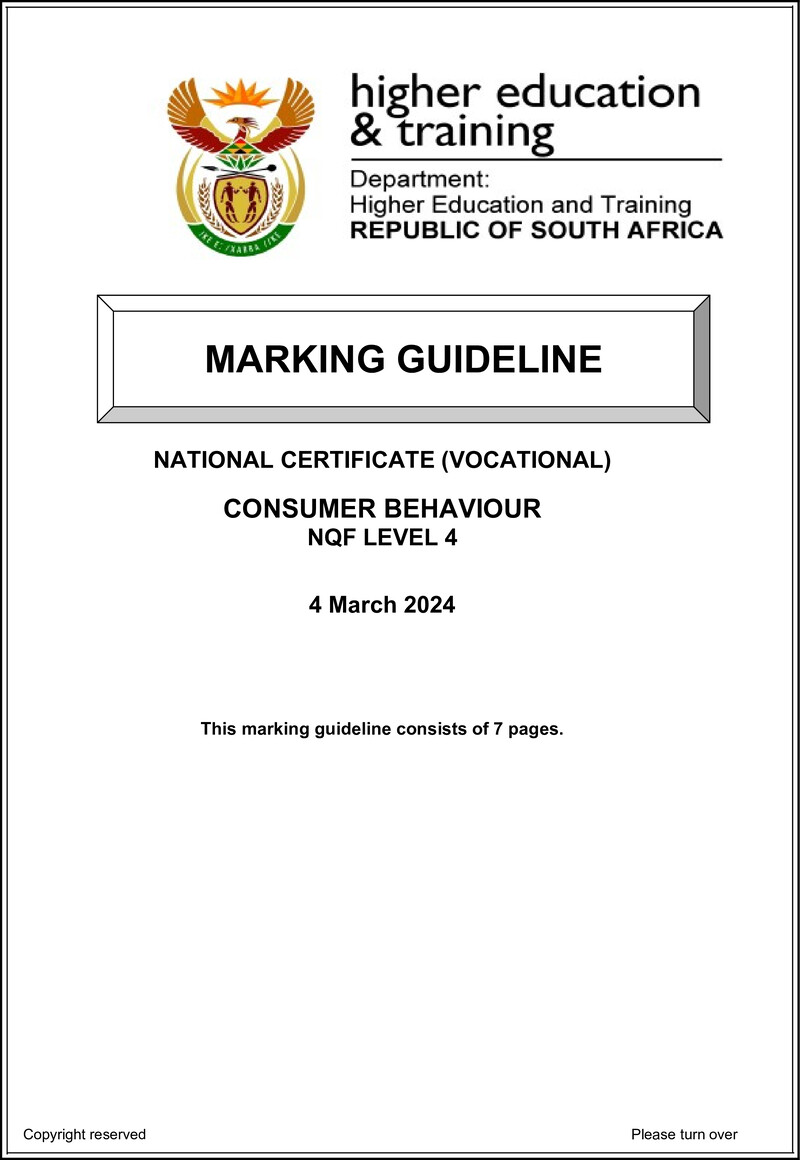 Consumer Behaviour Level 4 DHET NCV March 2024 - Memo