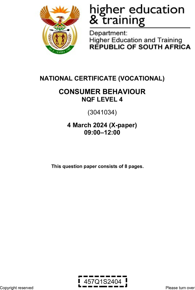 Consumer Behaviour Level 4 DHET NCV March 2024 Paper X - Question Paper