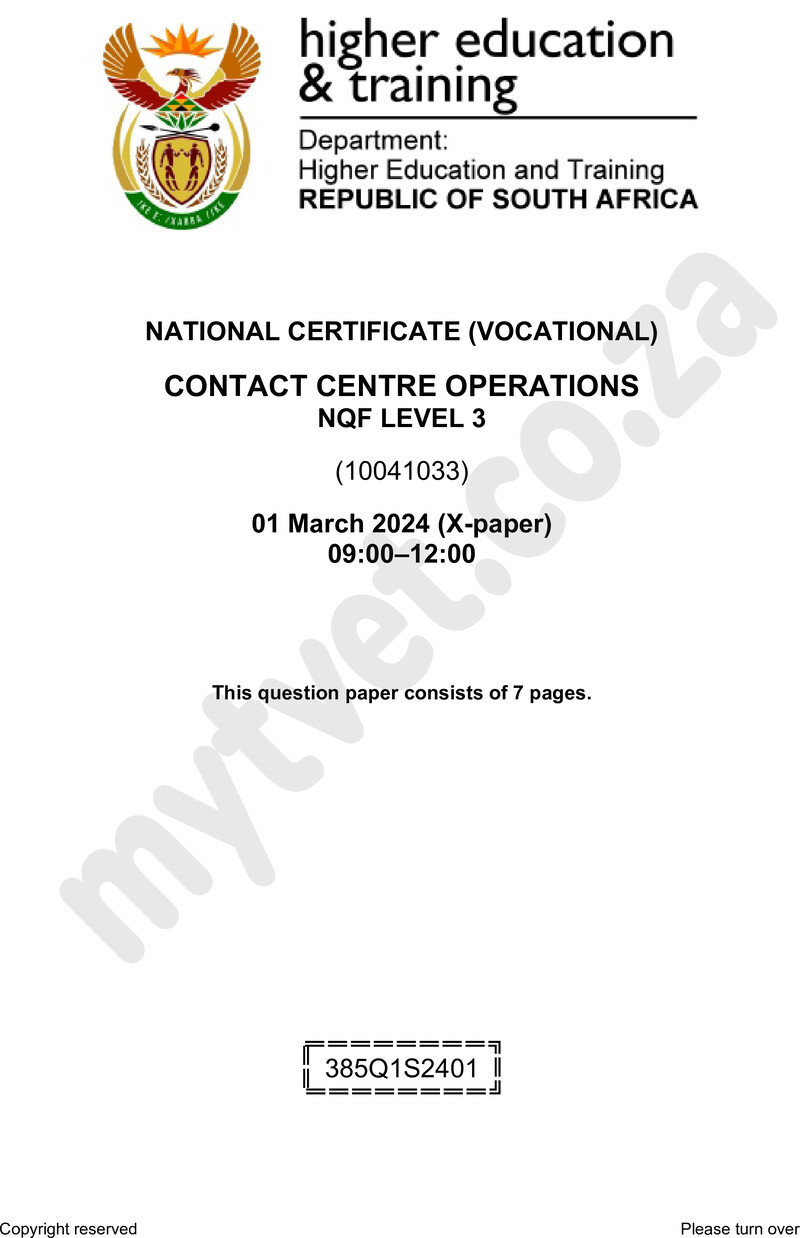 Contact Centre Operations Level 3 DHET NCV March 2024 Paper X - Question Paper