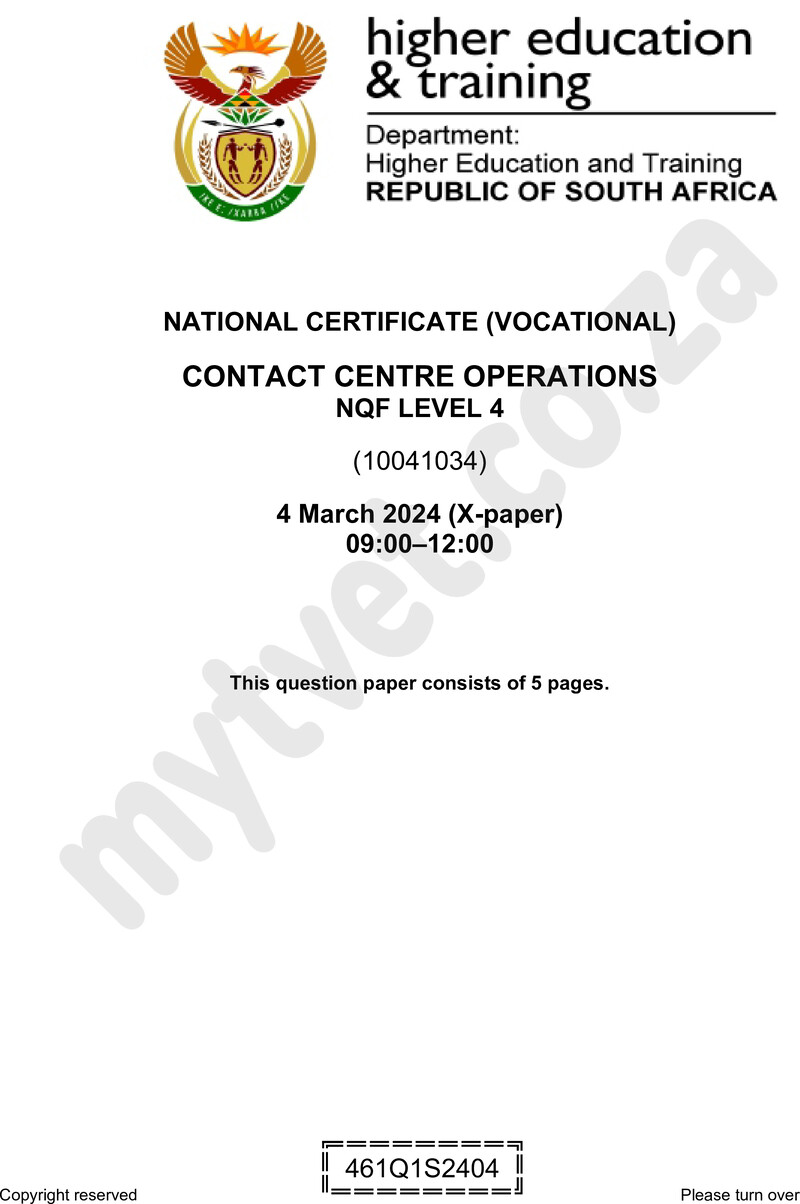 Contact Centre Operations Level 4 DHET NCV March 2024 Paper X - Question Paper