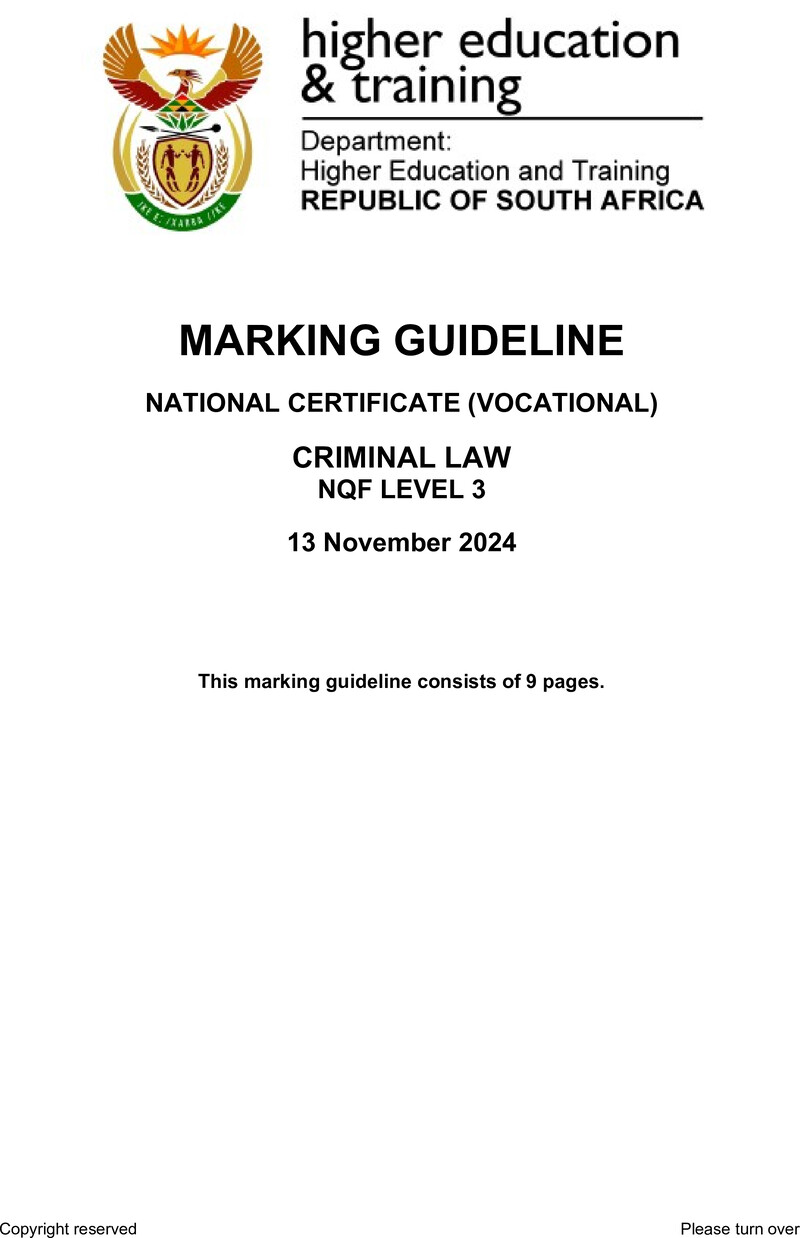 Criminal Law Level 3 DHET NCV 2024 - Memo