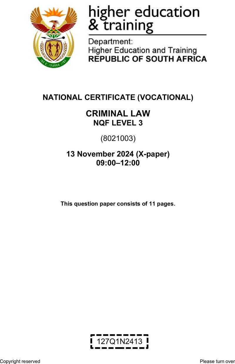 Criminal Law Level 3 DHET NCV November 2024 Paper X - Question Paper