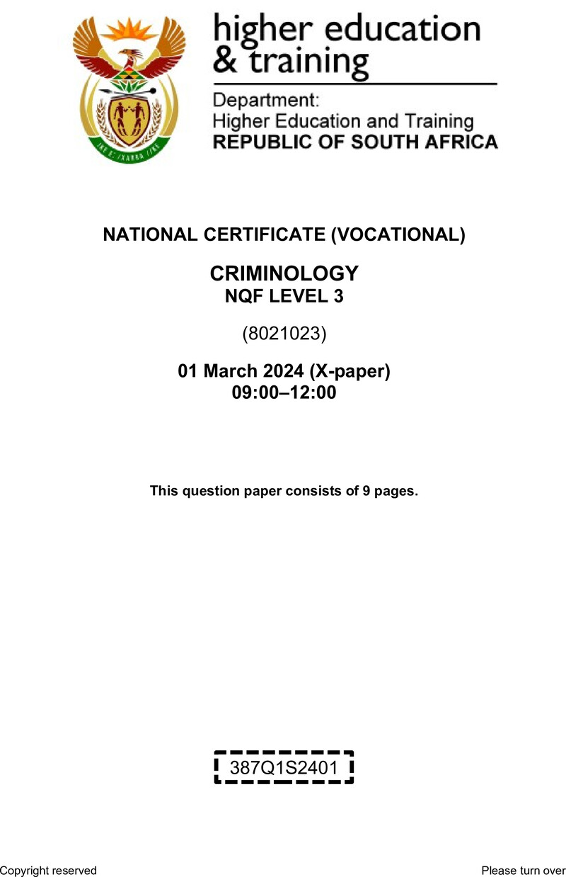 Criminology Level 3 DHET NCV March 2024 Paper X - Question Paper