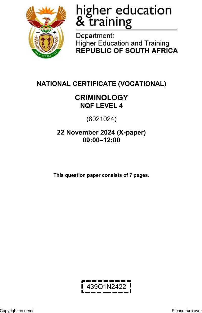 Criminology Level 4 DHET NCV November 2024 Paper X - Question Paper