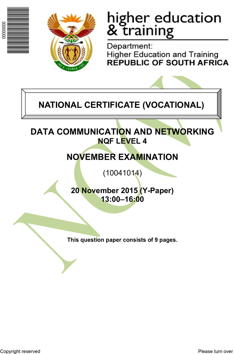 Data Communication and Networking Level 4 DHET NCV November 2015 Paper Y - Question Paper