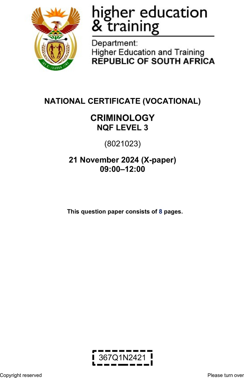 Criminology Level 3 DHET NCV November 2024 Paper X - Question Paper
