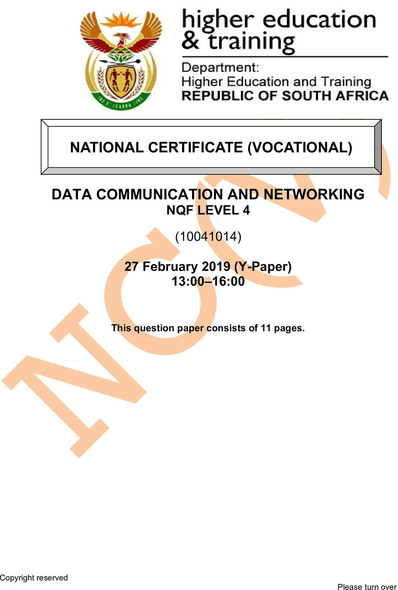 Data Communication and Networking Level 4 DHET NCV February 2019 Paper Y - Question Paper