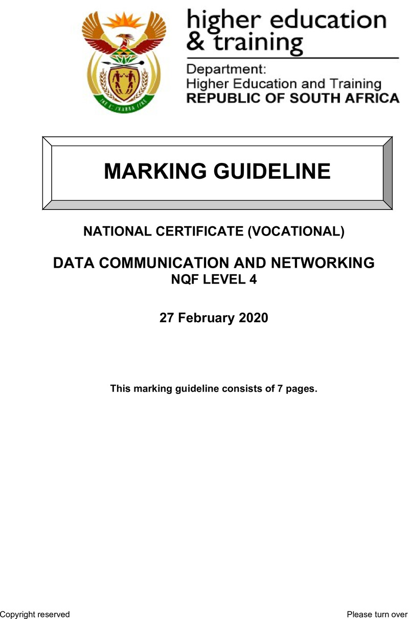 Data Communication and Networking Level 4 DHET NCV 2020 - Memo