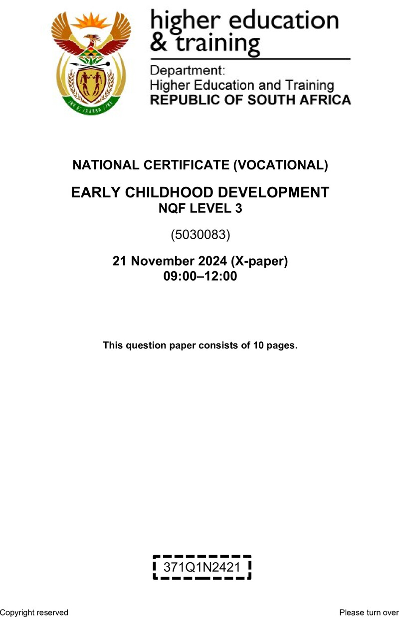 Early Childhood Development Level 3 DHET NCV November 2024 Paper X - Question Paper