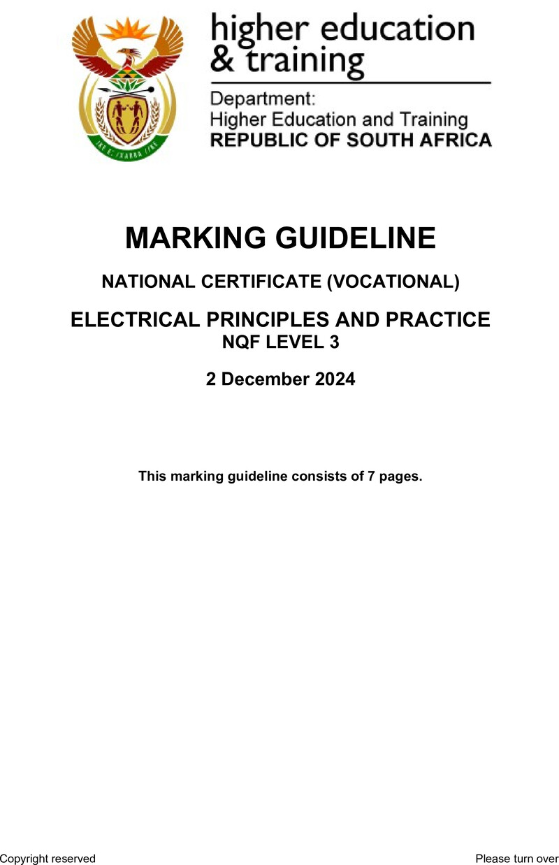 Electrical Principles and Practice Level 3 DHET NCV December 2024 - Memo