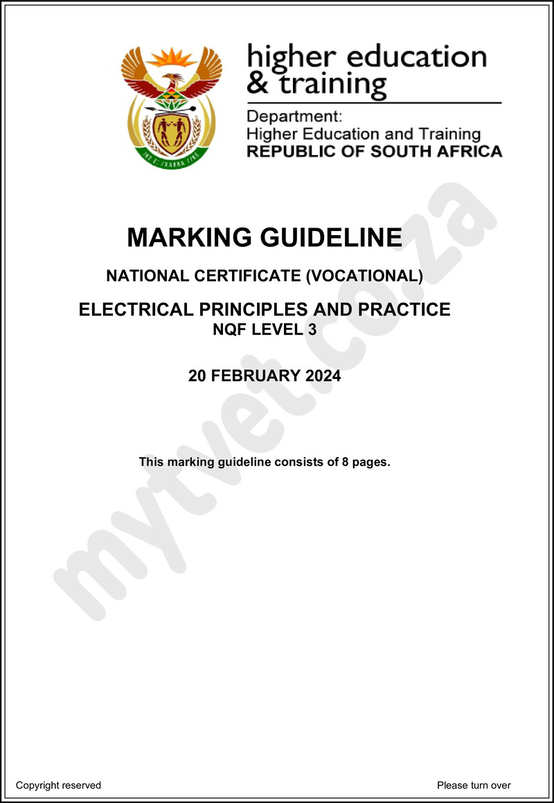 Electrical Principles and Practice Level 3 DHET NCV February 2024 - Memo