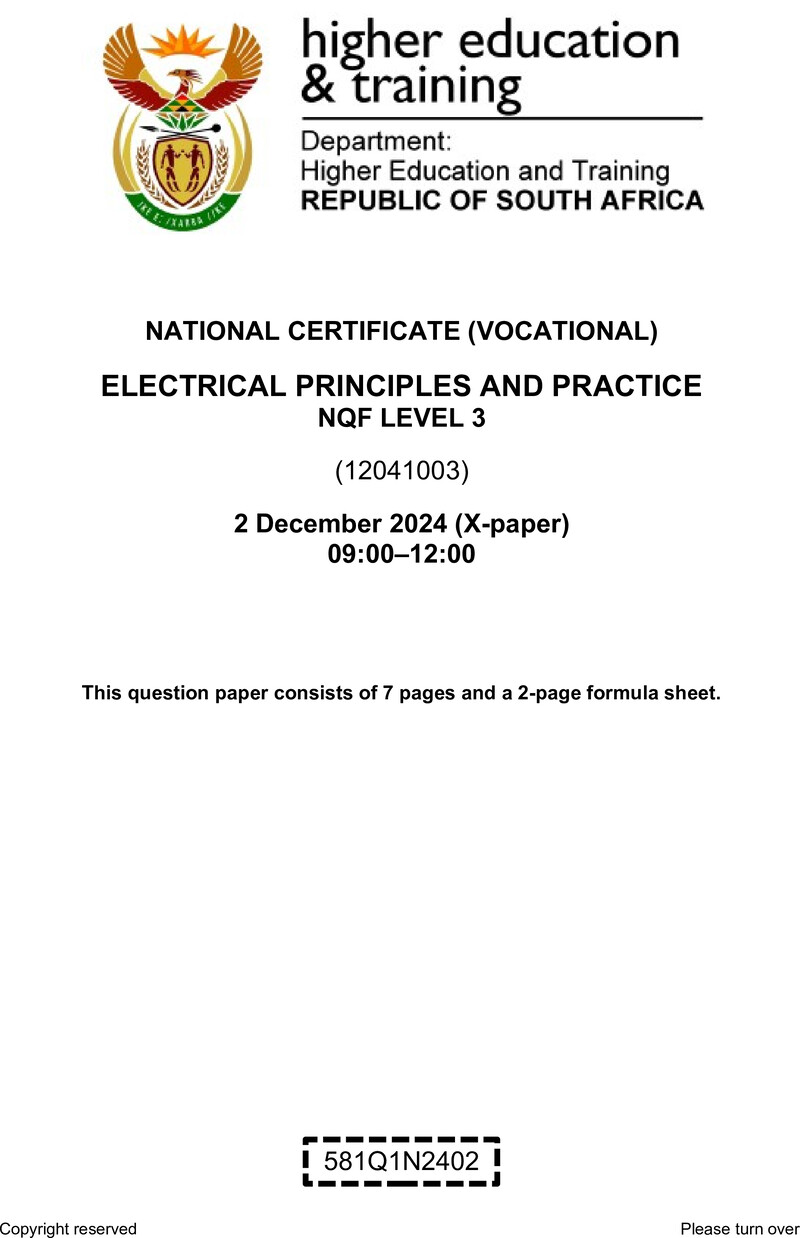 Electrical Principles and Practice Level 3 DHET NCV December 2024 Paper X - Question Paper