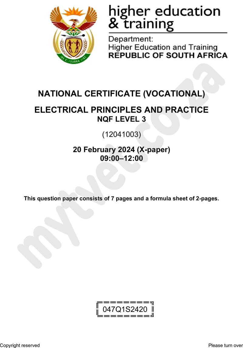 Electrical Principles and Practice Level 3 DHET NCV February 2024 Paper X - Question Paper