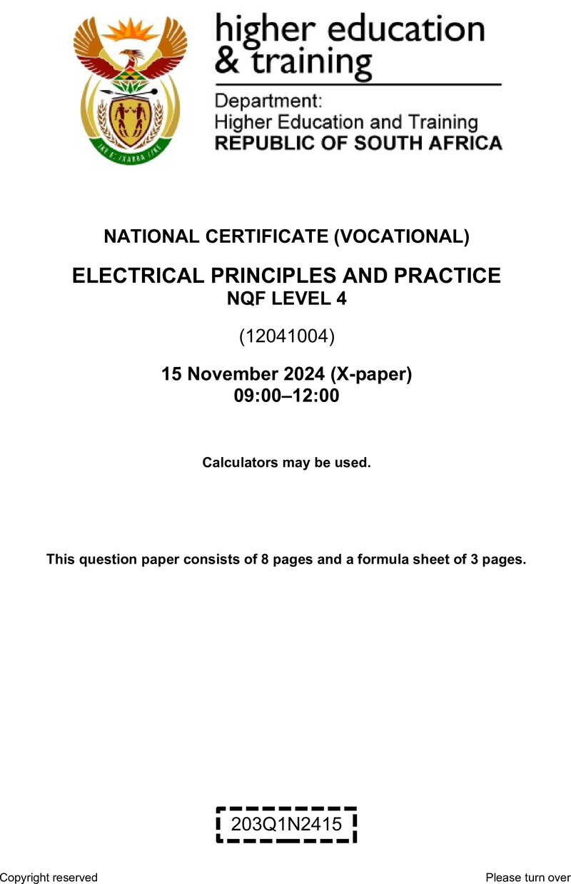 Electrical Principles and Practice Level 4 DHET NCV November 2024 Paper X - Question Paper