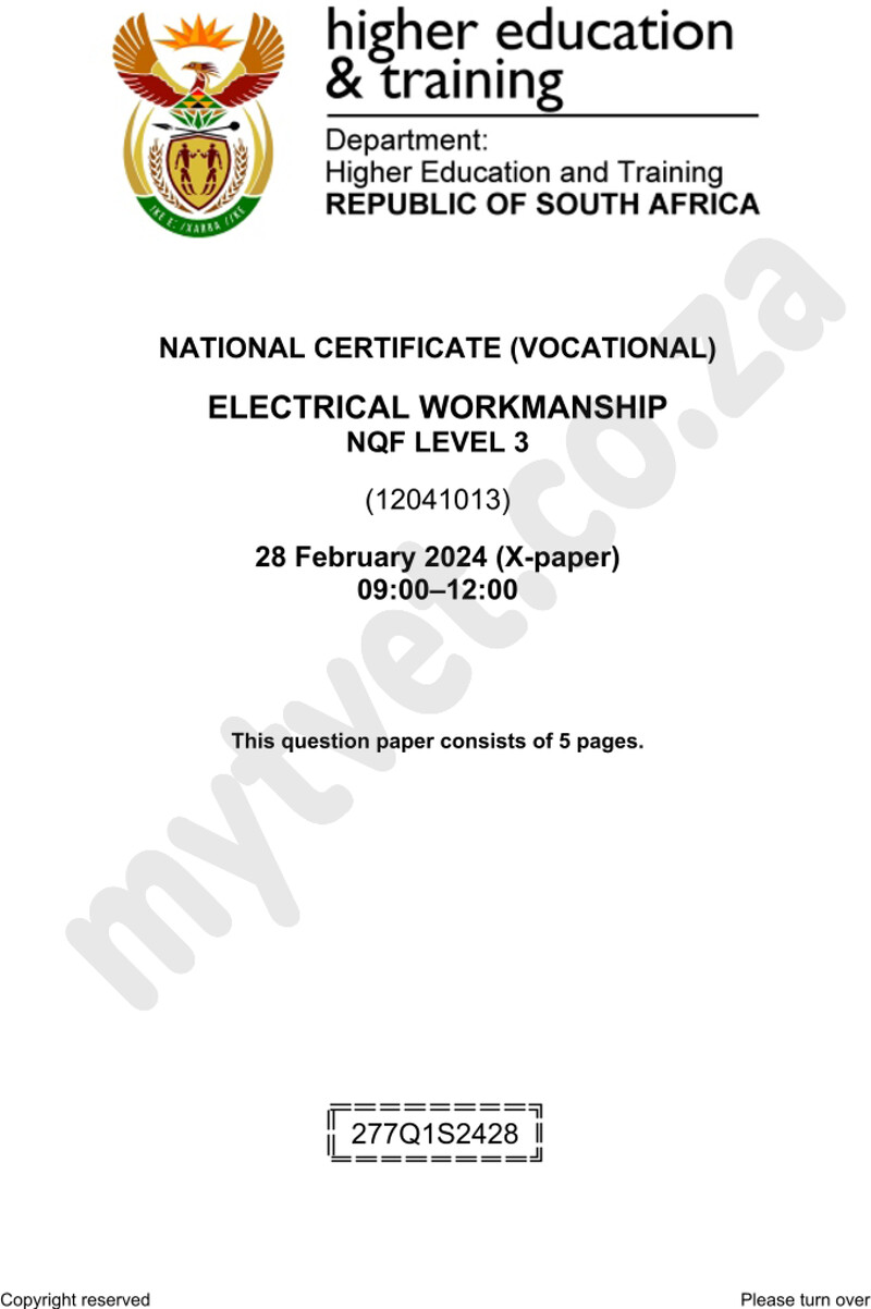 Electrical Workmanship Level 3 DHET NCV February 2024 - Question Paper