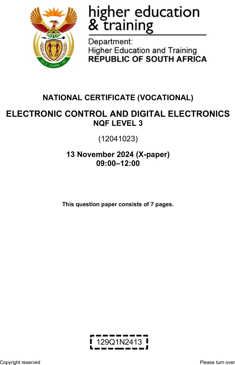 Electronic Control and Digital Electronics Level 3 DHET NCV November 2024 Paper X - Question Paper