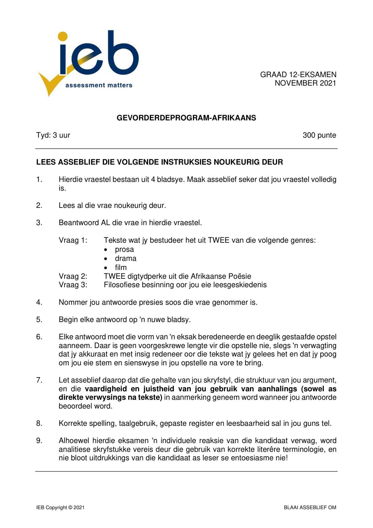 Afrikaans Grade 12 IEB November 2021 - Question Paper