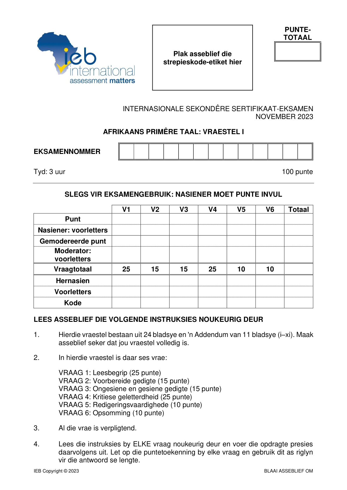 Afrikaans Grade 12 IEB Isc 2023 Paper 1 - Question Paper