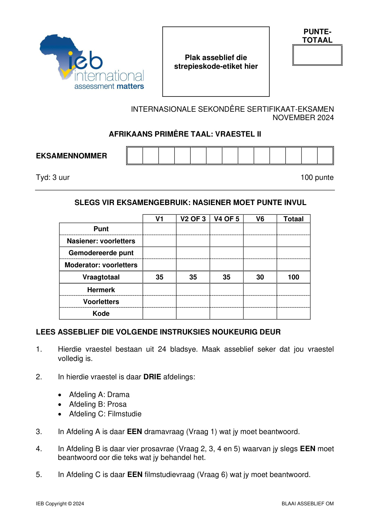Afrikaans Grade 12 IEB Isc November 2024 Paper 2 - Question Paper