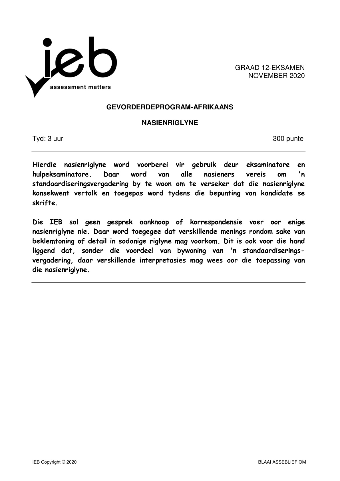 Afrikaans Grade 12 IEB NSC November 2020 - Memo