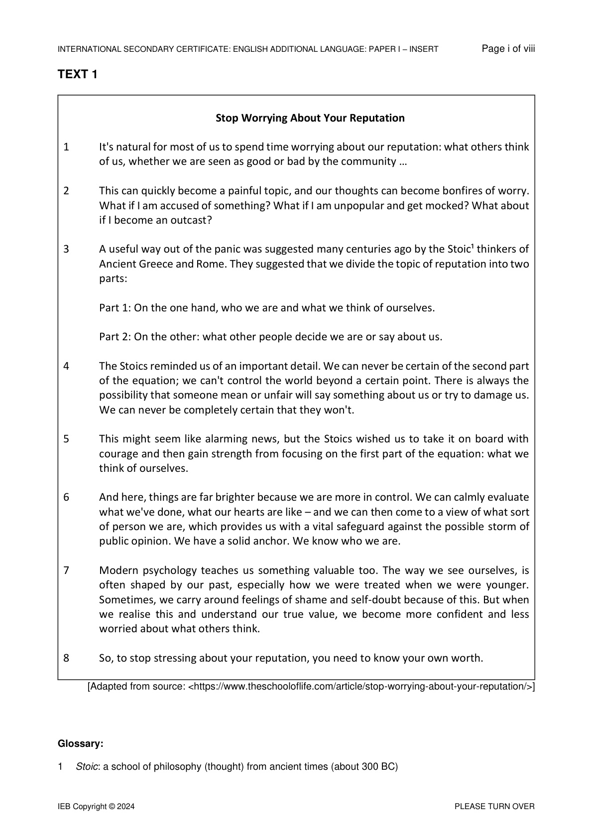 English Grade 12 IEB Isc 2024 Paper 1 - Insert