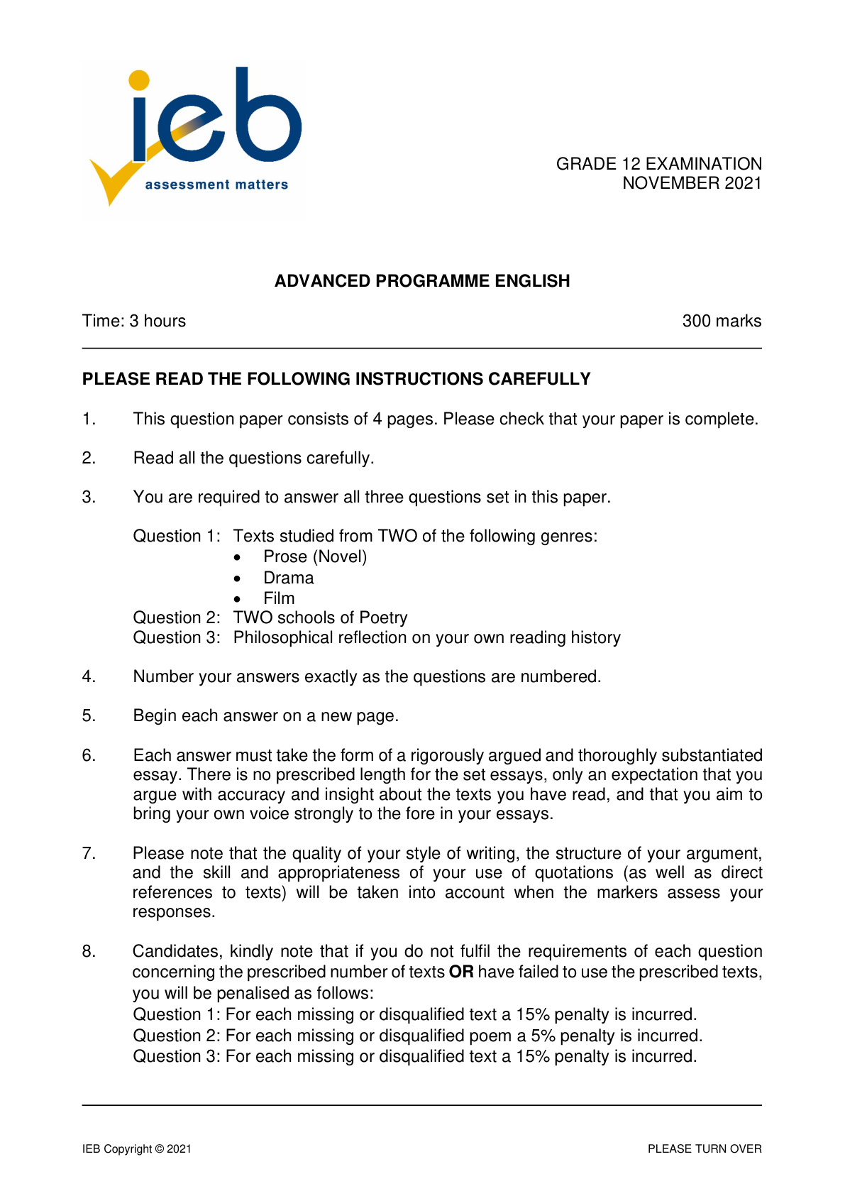 English Grade 12 IEB NSC November 2021 - Question Paper