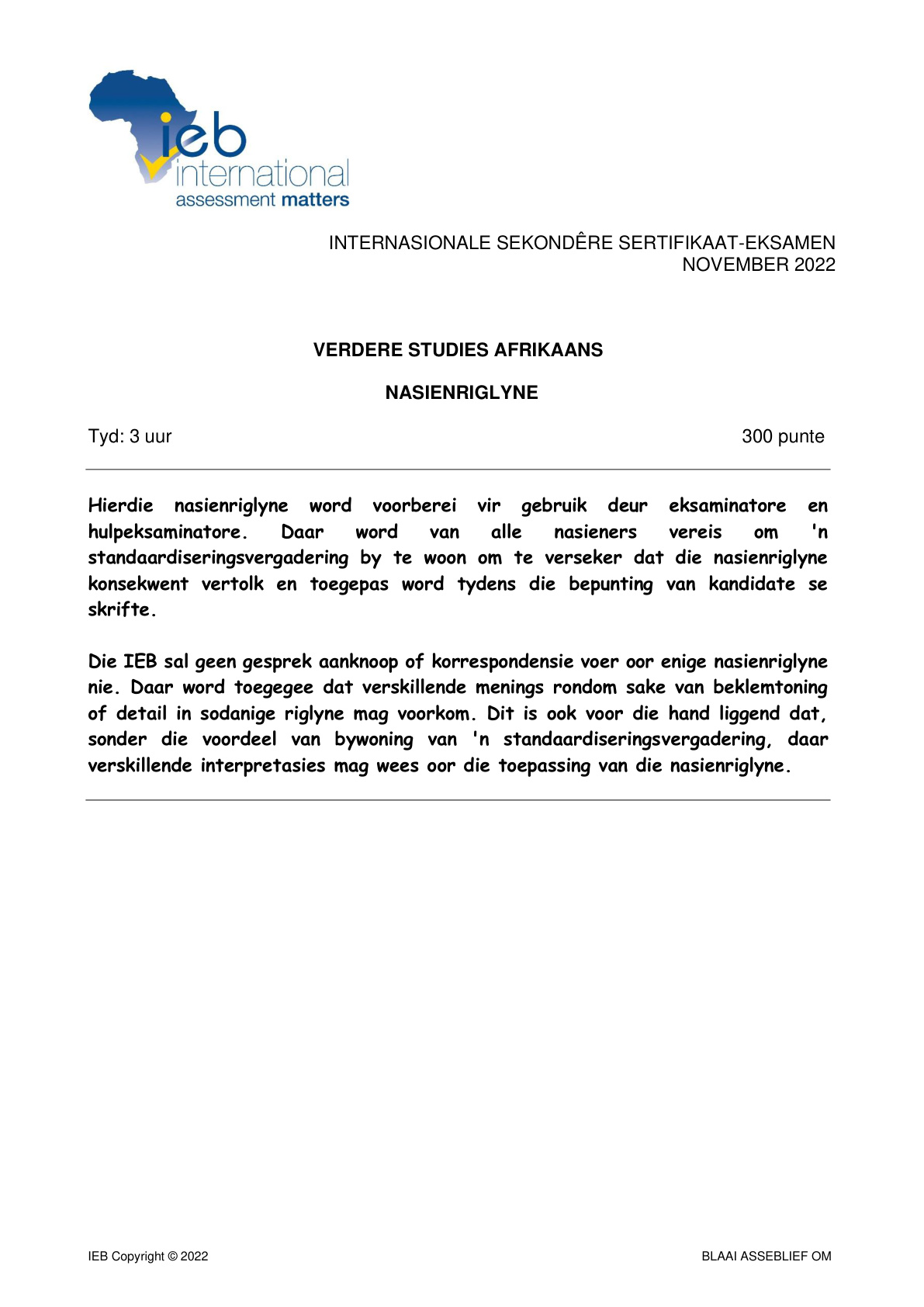 Afrikaans Grade 12 IEB Isc November 2022 - Memo