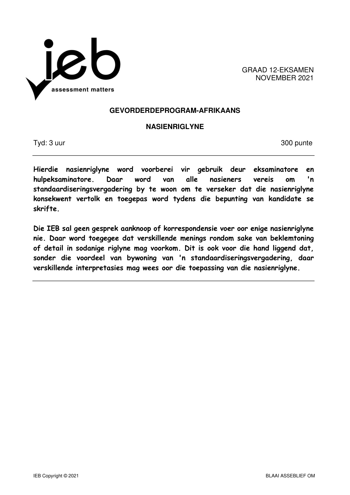 Afrikaans Grade 12 IEB November 2021 - Memo