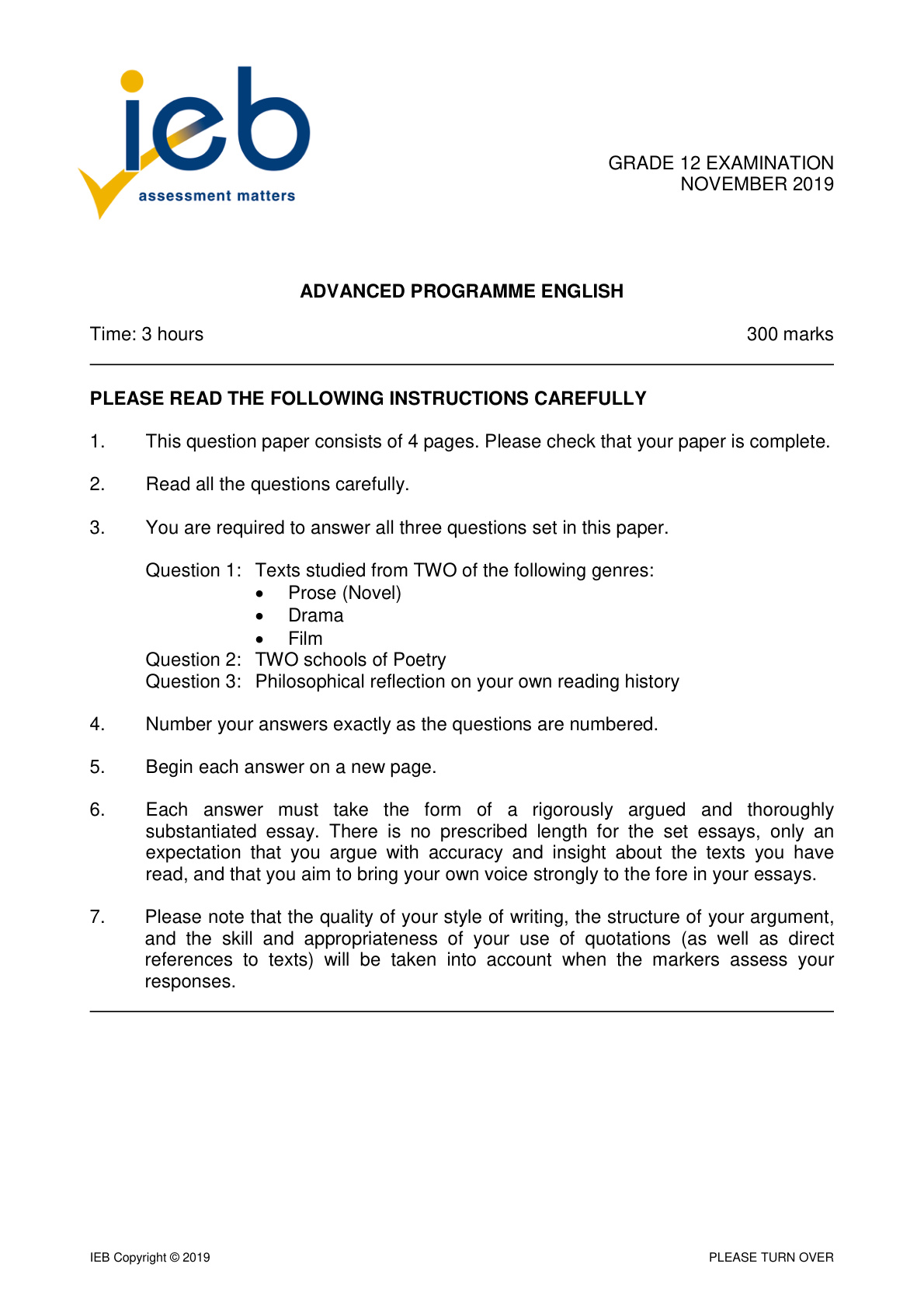English Grade 12 IEB NSC November 2019 - Question Paper